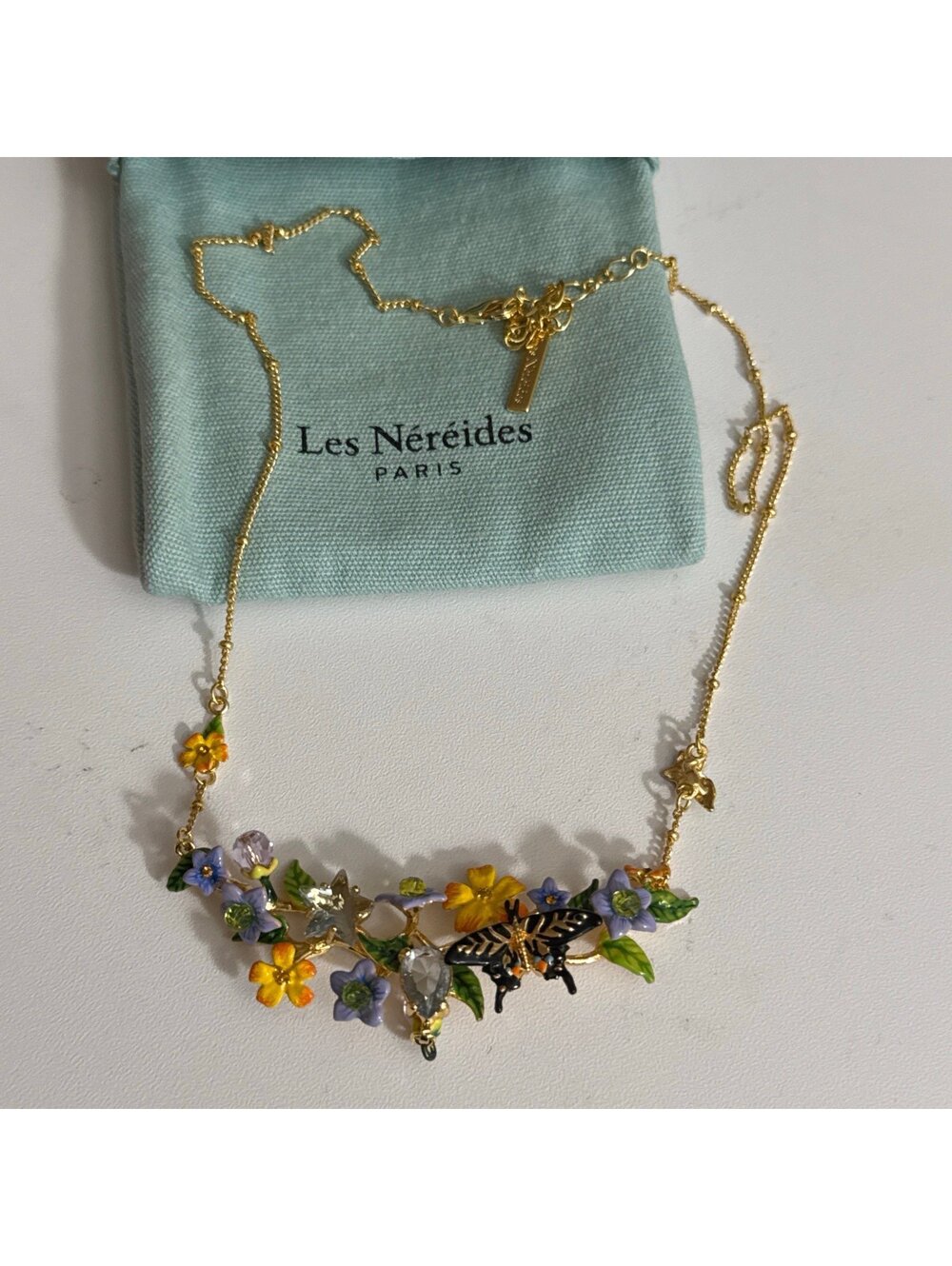Les Nereides Butterfly Flower Blossom 14k Gold Plated Necklace